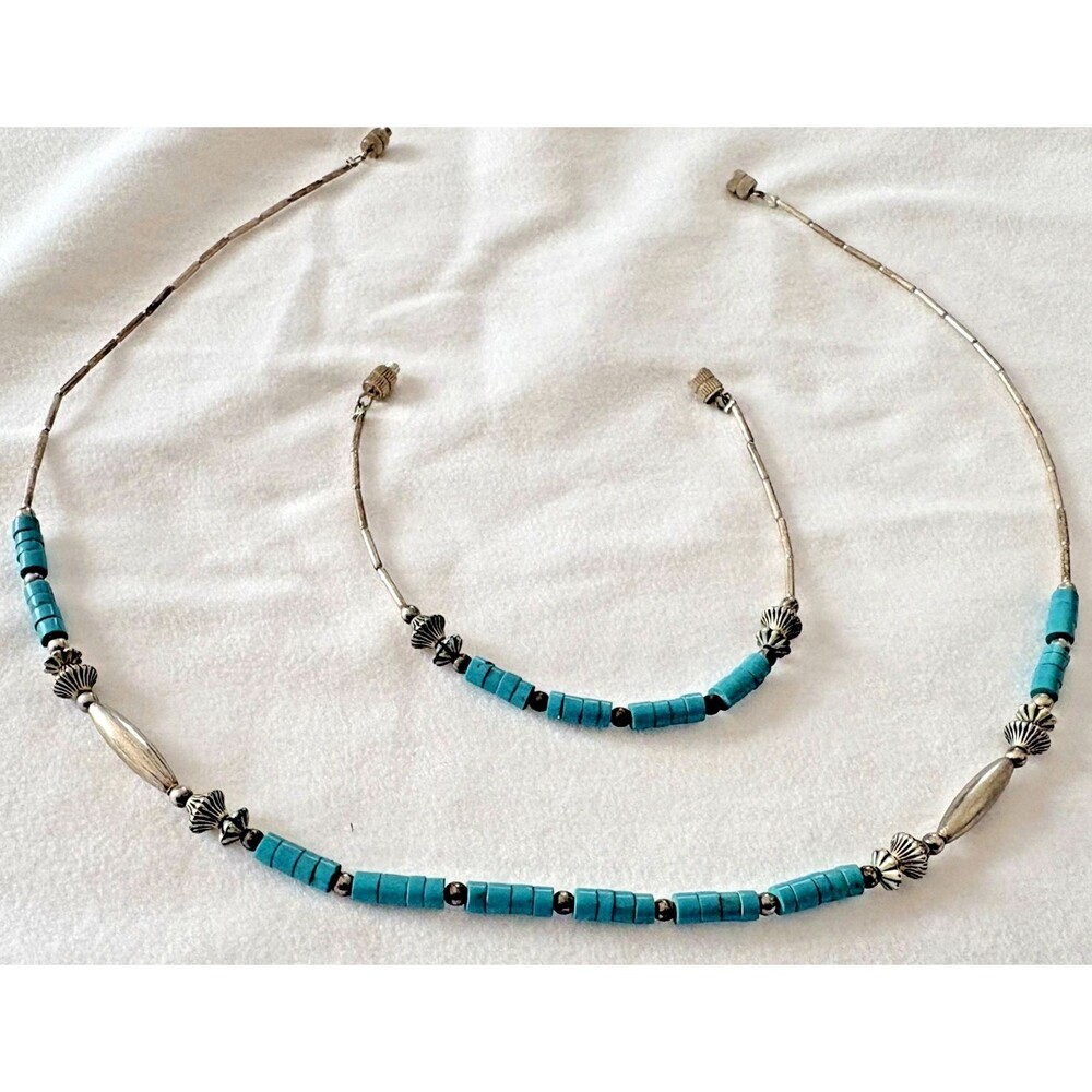 Native American Necklace+Bracelet Set Turquoise Beaded Silver Plated Tube Chain